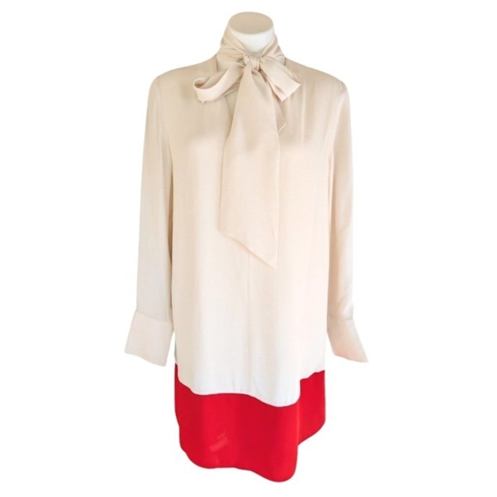 Reiss Marta Colorblock Pussybow Dress Cream Red Tie Neck Long Sleeve Size 6 - Picture 2 of 10